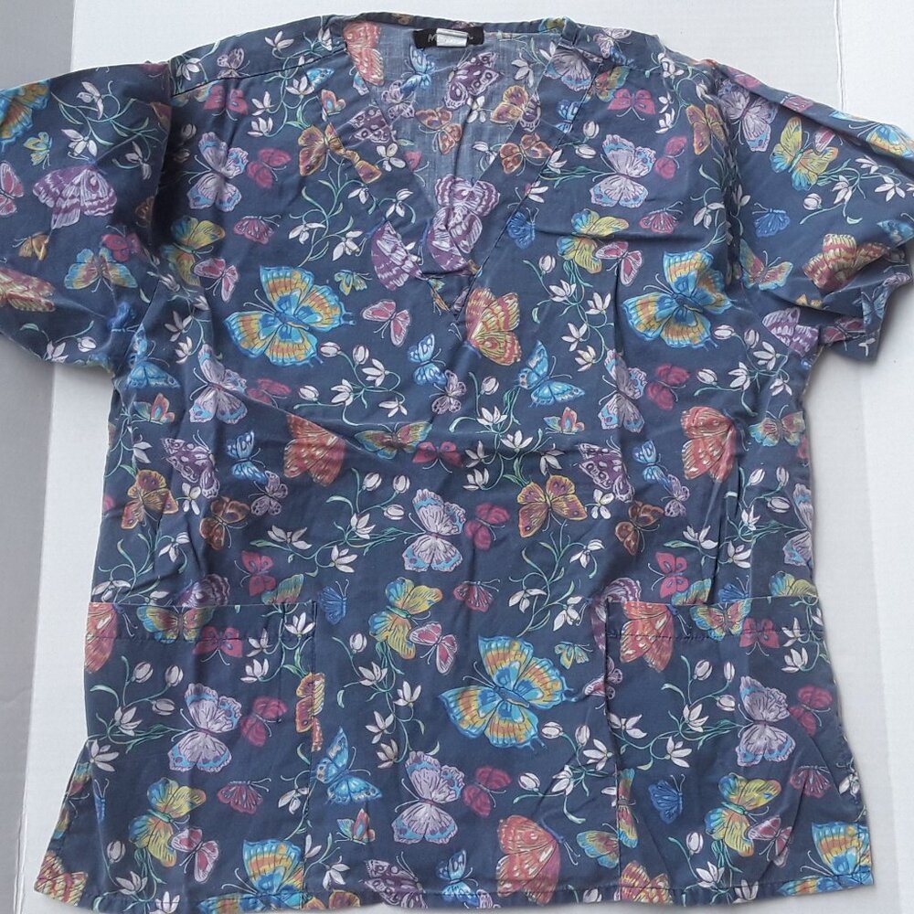 Michael scrubs top blue with butterfly print size L